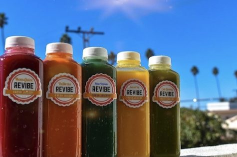 Juices of different colors lined up.