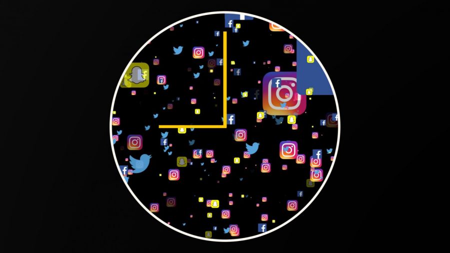 A clock with social media app logos inside.