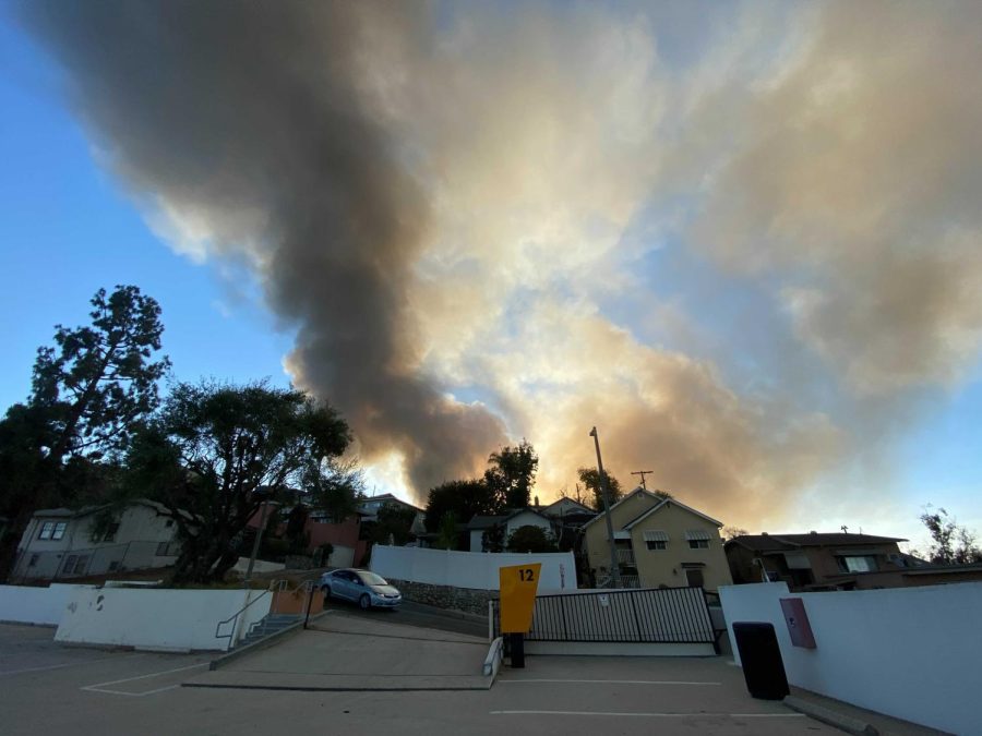 A cloud of smoke from the Alhambra Fire overlooks the Alhambra area and nears campus. 