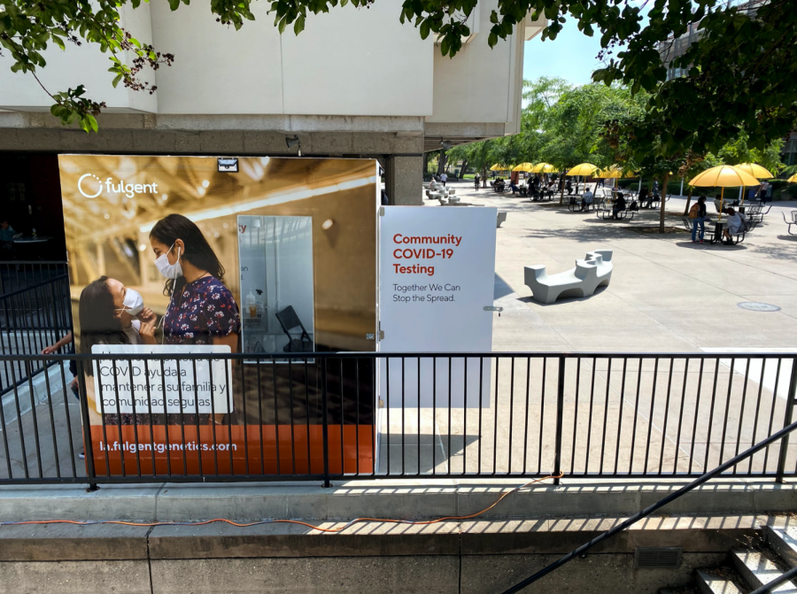 Picture shows the Cal State L.A COVID-19 testing site. One of two testing sites the one picture is located on the Main Walkway, near the University bookstore and the Library North.