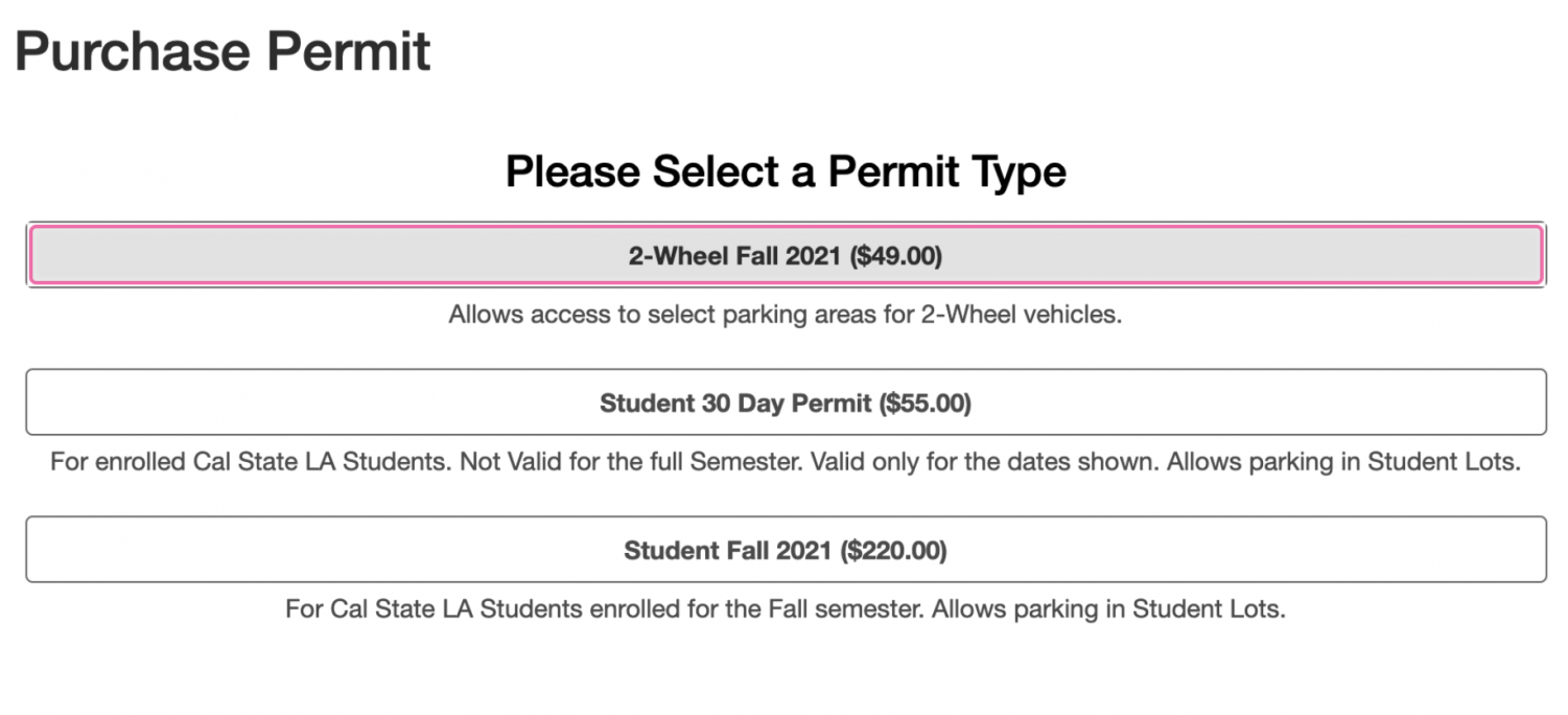 Picture shows the selection of permits available for purchase. The options pictured are the 2-wheel, Student 30 day and semester parking. Price for a 2-wheel is $49, the Student 30 day permit cost $55, the semester parking is $220.