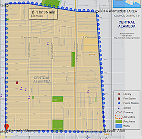 A Central Alameda Neighborhood Council map layered over a Google Map, courtesy of the city of Los Angeles and Google Maps.