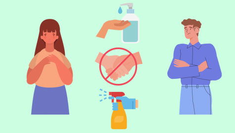 Image shows concerned students and in between them are graphics of a spray bottle, a hand under a soap dispenser, and two hands shaking with the no symbol over.