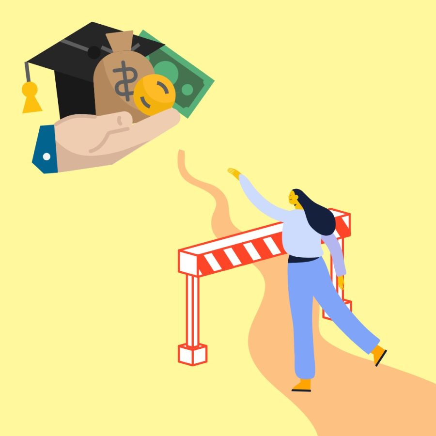 An animated image of a girl reaching over a hurdle for money and a graduation cap being held up by a hand out of her reach.