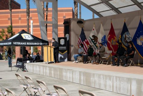 A shot of the stage on U-SU plaza where students veterans awaited their turn to speak.