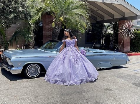 the girl weal full light purple gown and posing with the sky color car.