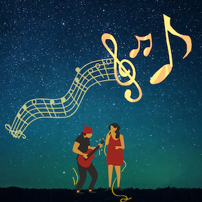 An illustration of musicians at nighttime and musical notes above