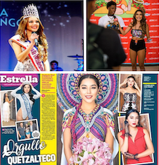 This is a photo collage with three different photos. In one photos she is wearing a crown on her head, In other she is standing with mike with other person. And in third photo looks like here article and her bio.