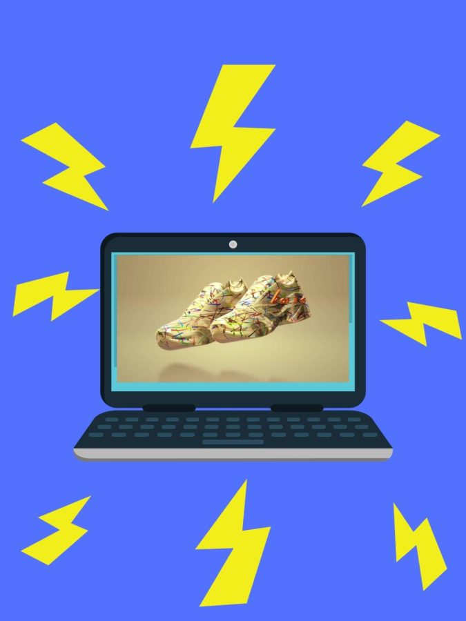 A art of a computer with NFT sneakers while energy is being consumed