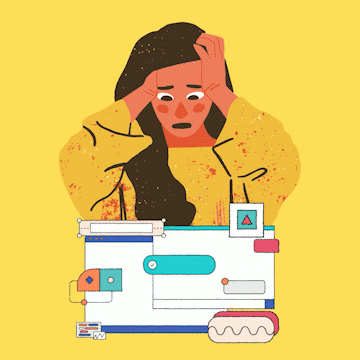 Animated student looking stressed and looking down on a web page with a lot of tabs.