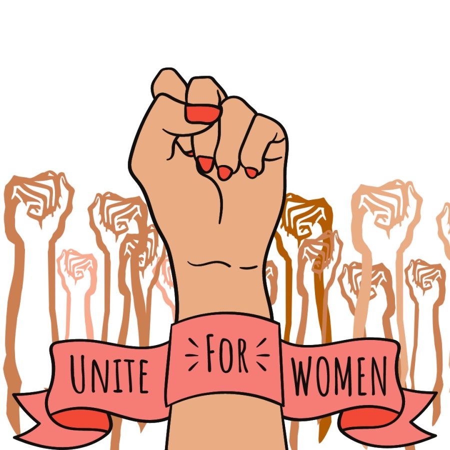 Illustration of fists in the air and a banner at the bottom saying, unite for women.