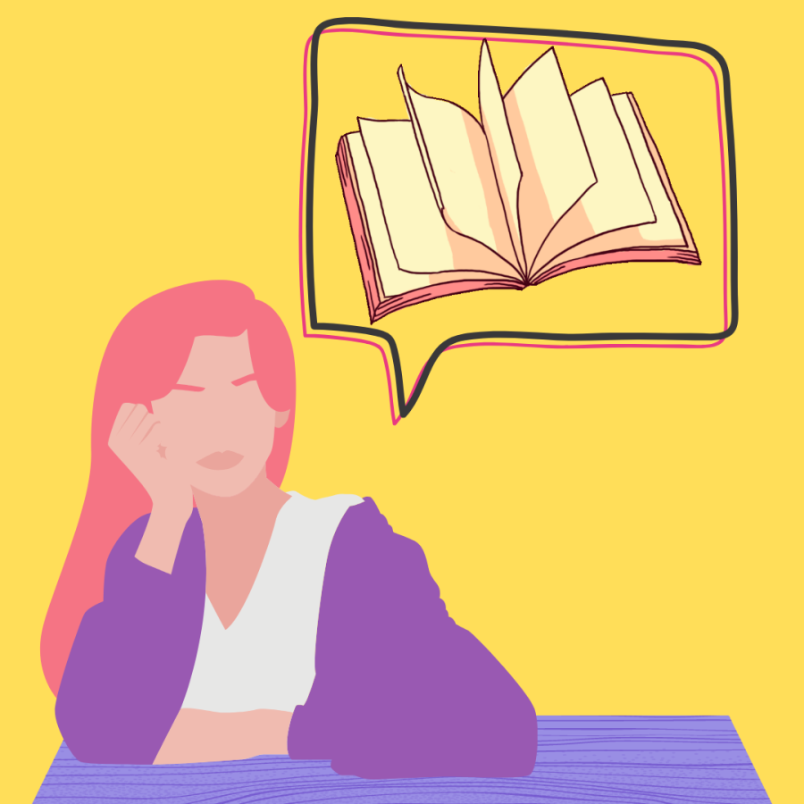 Illustration of a girl sitting at a desk and a thought bubble next to her showing a book.