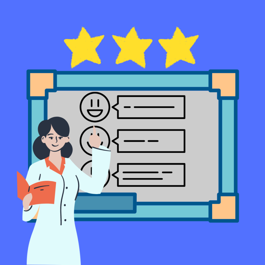 Illustration of a professor in front of a board showing faces and comments. There is also three stars above the board to represent the grading.