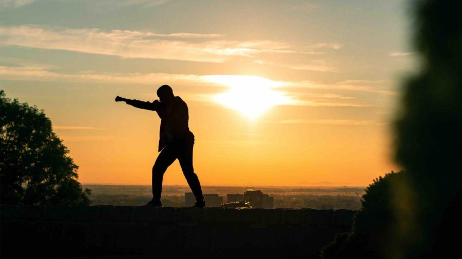 A man in shadow punching the air while the sun sets.