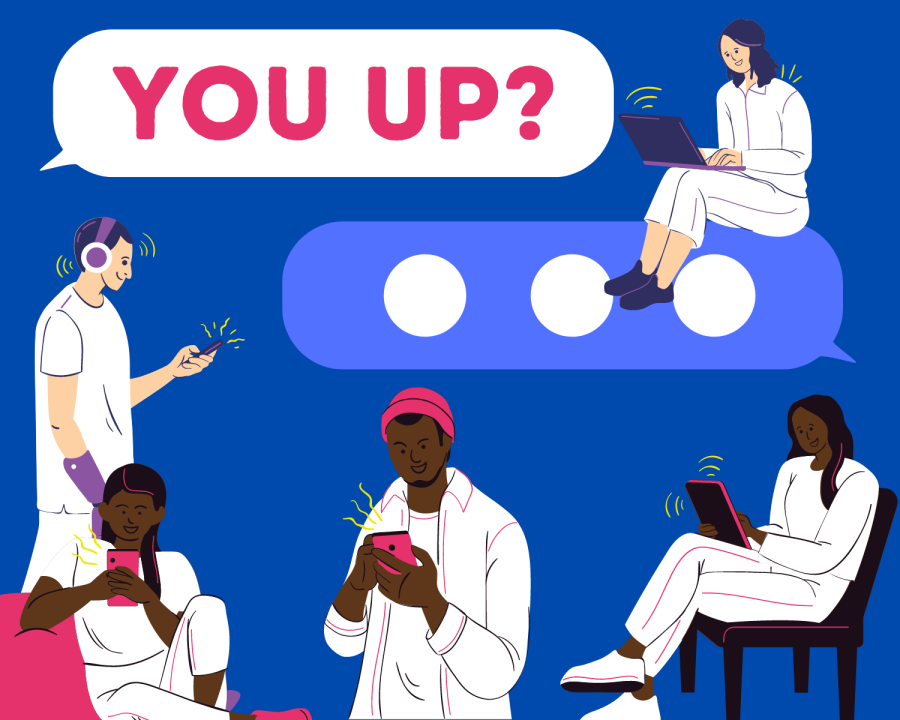 Illustration of a text bubble saying  you up? and the other one looking to respond. There are also people included looking at an electric device.