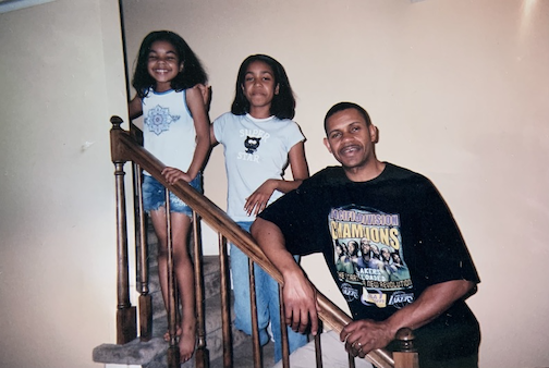 Myself, Sister and father on staircase in home