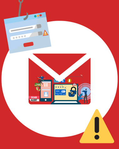 Graphic showing a mail inbox that is red and different warning signs.