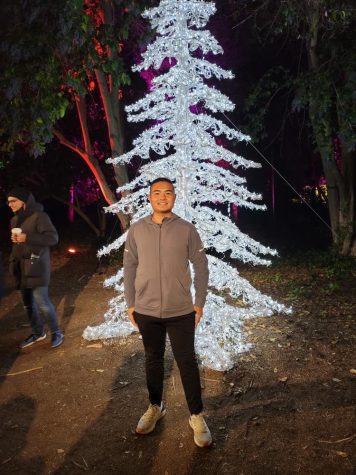 Man stands at night in front of a white lit up Christmas tree.