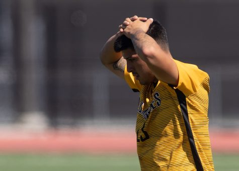 Cal State LA forward Bryan Ortega reacts to a missed goal during their 1-0 loss against Cal State Dominguez Hills at University Stadium on Sunday, September 25, 2022. The Golden Eagles fall to the Toros ends their 26-game conference winning streak.