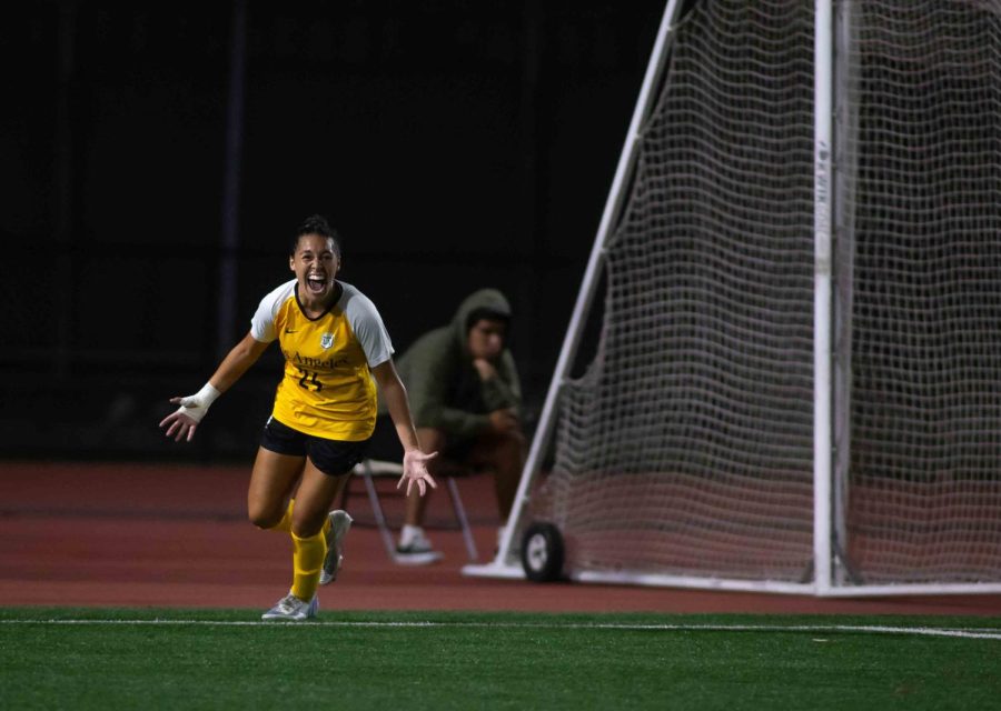 A+woman+wearing+a+yellow+jersey+and+black+shorts+looks+excited+after+scoring+a+goal.+The+goal+net+is+to+the+side+of+the+woman.