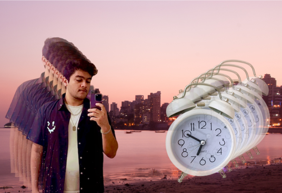 collage - pink sunset photo in Mumbai with man in foreground and clock repeated