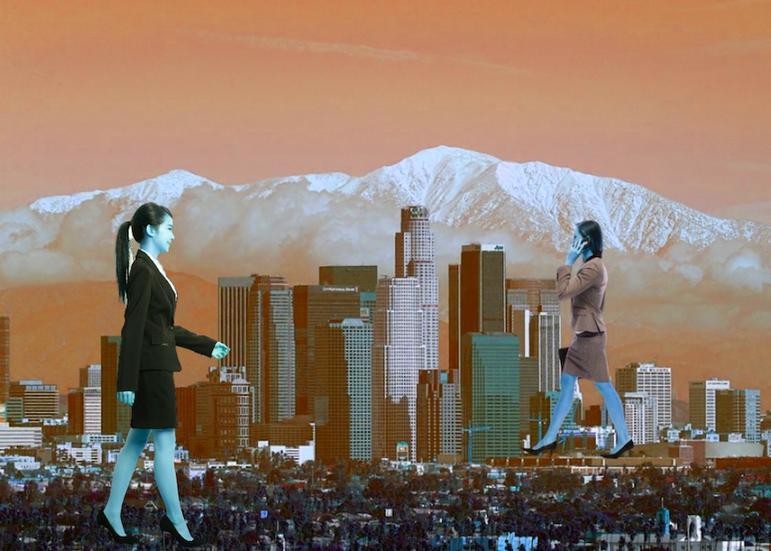 illustration of skyline with orange background and two women in suits walking past