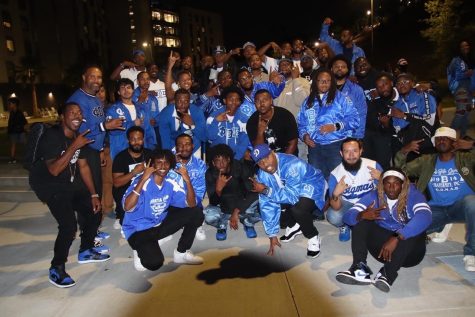Phi Beta Sigma Fraternity Inc members outside the south village at Cal State LA.