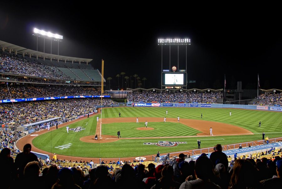 A packed Dodger Stadium at night. Photo by Chris Yarzab.