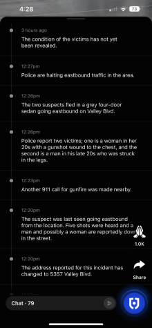 A screengrab of the Citizen app where the shooting was first reported.