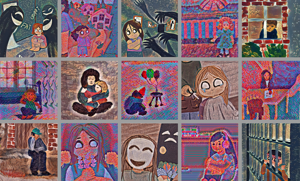 decorative collage of artwork of children in various poses.
