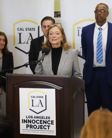 Los Angeles Innocence Project Director Paula Mitchell spoke about the factual innocence filing of Maurice Hastings' case at the Cal State LA campus on Tuesday, Feb. 28, 2023. Hastings served 38 years for a crime that DNA evidence revealed he did not do. Photo by Victoria Ivie.