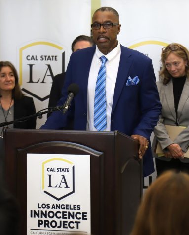 Maurice Hastings spoke about the factual innocence of his case at the Cal State LA campus on Tuesday, Feb. 28, 2023. Hastings served 38 years for a crime that DNA evidence revealed he did not do. Photo by Victoria Ivie.