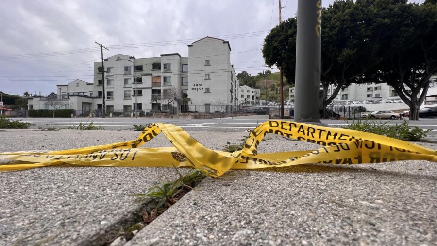 The area was roped off with yellow police caution tape, still seen here days after the shooting at the intersection of N Mission and Broadway in Lincoln Heights. Photo by Will Baker.