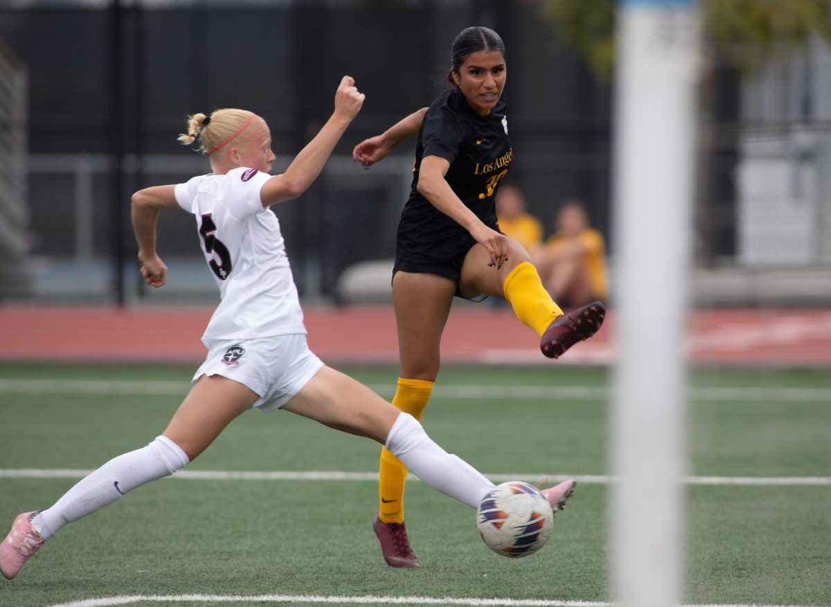 Cal State LA’s Delia Bocanegra attempts a shot during their 0-0 draw against Azusa Pacific at University Stadium on Saturday, September 17, 2023.