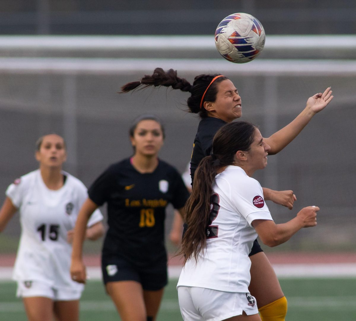 Midfielder Liliana Gonzalez goes up for a header during the Golden Eagles’ 0-0 draw against Azusa Pacific at University Stadium on Saturday, September 17, 2023.