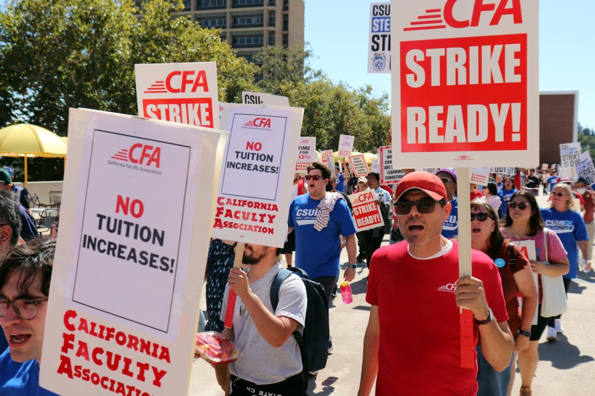 Union members chant that they are ready for a strike. 