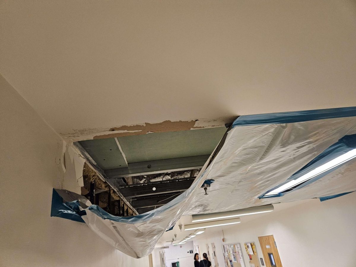 The plastic tarp covering a hole in the ceiling peeling away from the  walls exposing chipped away paint.

