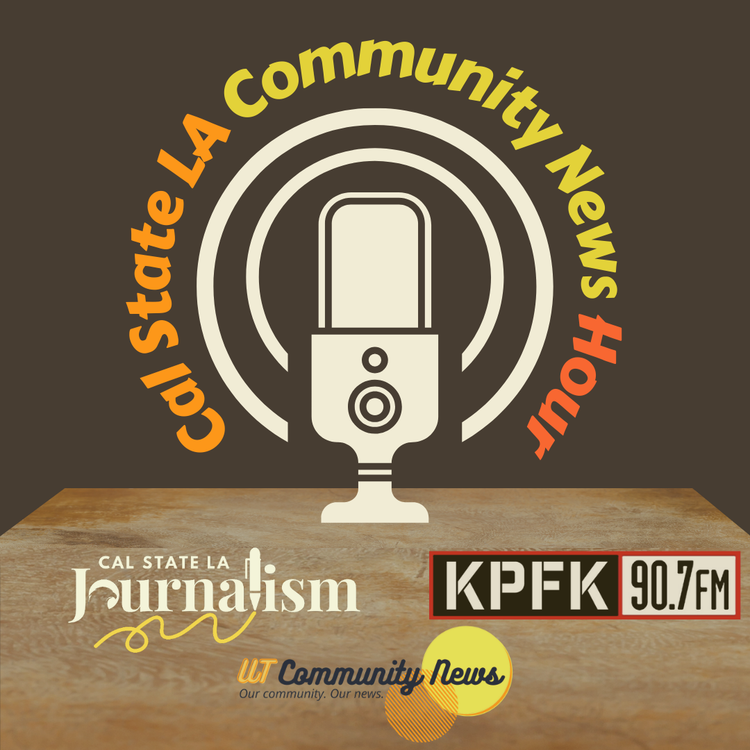 the Community News Hour show is a production of the journalism program, KPFK and UT Community News so those names and logos are displayed on a brown background with a white microphone in front