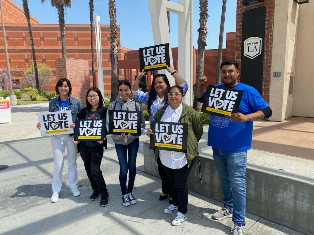 Assemblymember+Wendy+Carrillo+%28sign+above+head%29+visits+Cal+State+LA+where+she+stands+in+solidarity+with+students+looking+to+unionize.+%28Photo+courtesy+of+CSUEU+Chapter+311%29