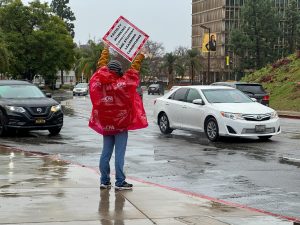 A person wearing a gray hat and red raincoat with blue jeans holds a sign that says "faculty working conditions are student learning conditions" as a white care drives by.
