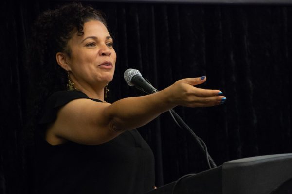 Dr. Melina Abdullah welcomes attendees of the Black Community Honors event on behalf of the Pan African Studies Department on Oct. 29, 2018 at Cal State LAs Golden Eagle Ballroom.