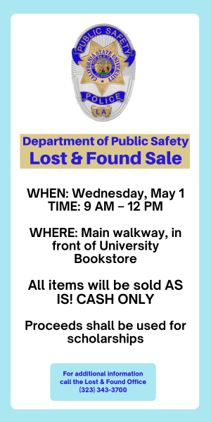 public safetys lost and found sale on May 1, 9 a.m. to 1 p.m. Main walkway by bookstore. AS IS. CASH ONLY