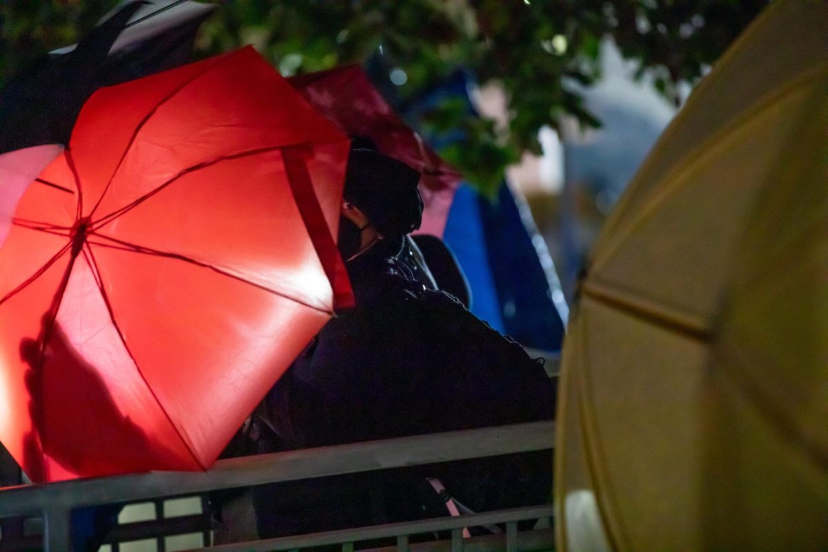 Protestor peeks out of umbrellas set up to block observers and journalists view Wednesday, June 12. Photo by Xavier Zamora