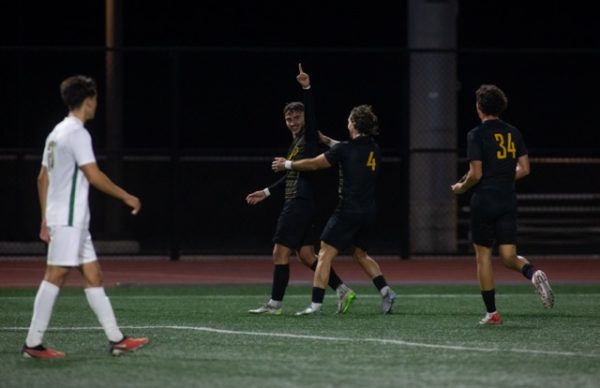 Simon Johansen celebrates his goal that won the Golden Eagles the game in a 1-0 playoff victory against Point Loma on Nov. 18, 2023 at University Stadium.