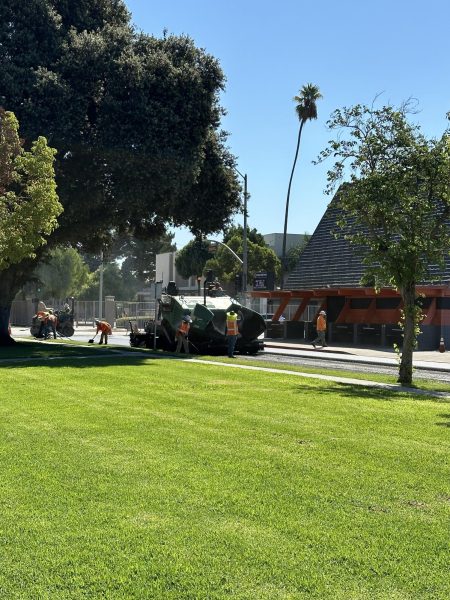 Construction workers paving the street next to a field of grass