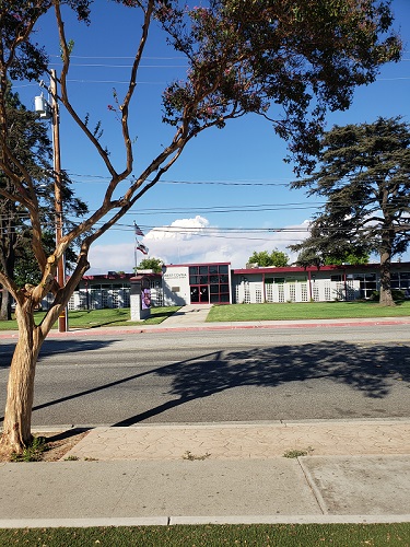 A school district being surrounded by trees.