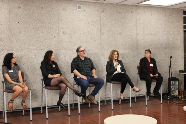 (From left) Former Editors-in-Chief Marisa Martinez, Jacqueline Quynh, Hector Becerra, Ruthanne Salido, and current Editor-in-Chief Sasha Funes at a panel discussion in the University Library on Saturday, Oct. 5, 2024. 