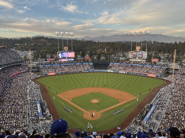 A view from up top at Dodger Stadium, with Freddie Freeman at-bat in Game 5 of the National League Division Series, featuring the Los Angeles Dodgers versus the San Diego Padres, on Oct. 11, 2024.