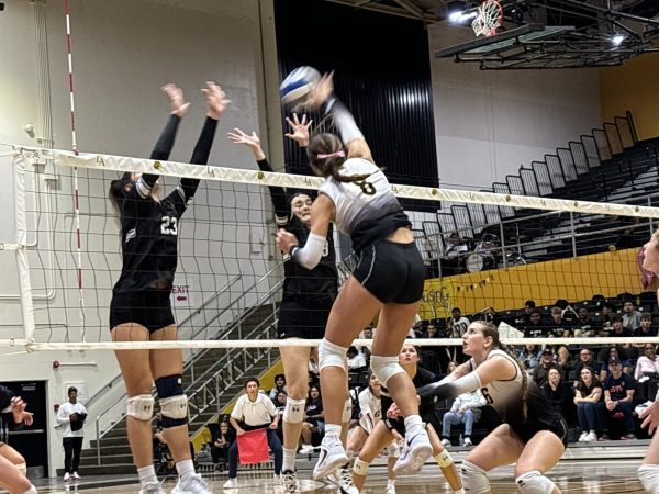 Outside hitter Emily Elliot goes up for a kill over two Dominguez Hills blockers on Oct. 18, 2024.