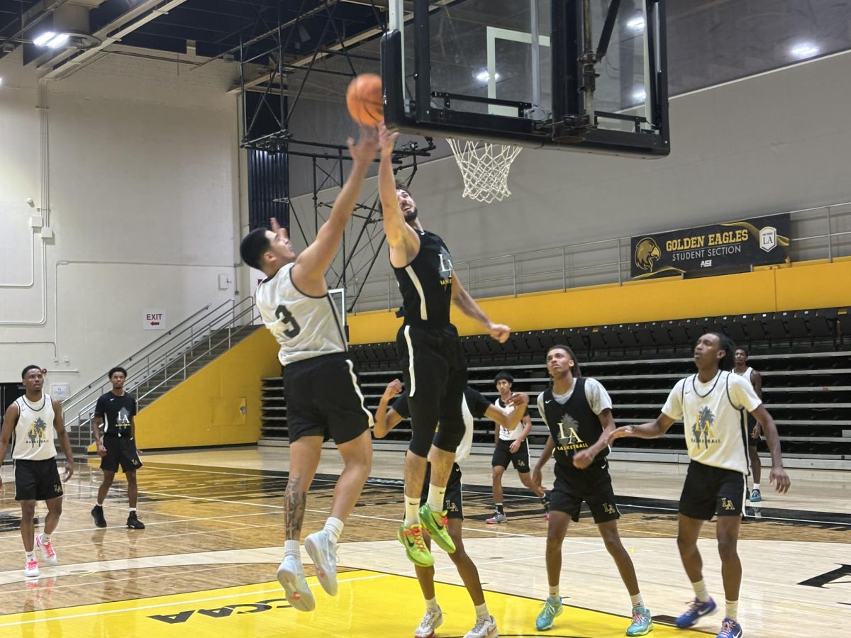 Dominic Escobar (3) attempts a layup over 6-foot-10 forward Robin Kniss during practice on Nov. 6.